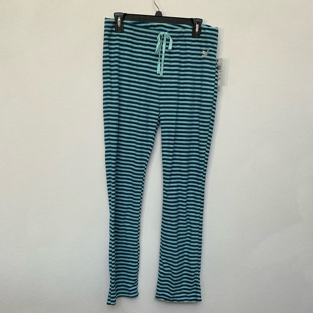 NWT Dream Out Loud Selena Gomez Blue Teal Striped Fleece Pajama Pants L Juniors